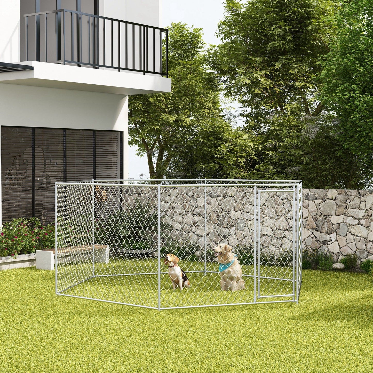 Outdoor dog run for large dogs with metal fencing containing two dogs on green grass lawn