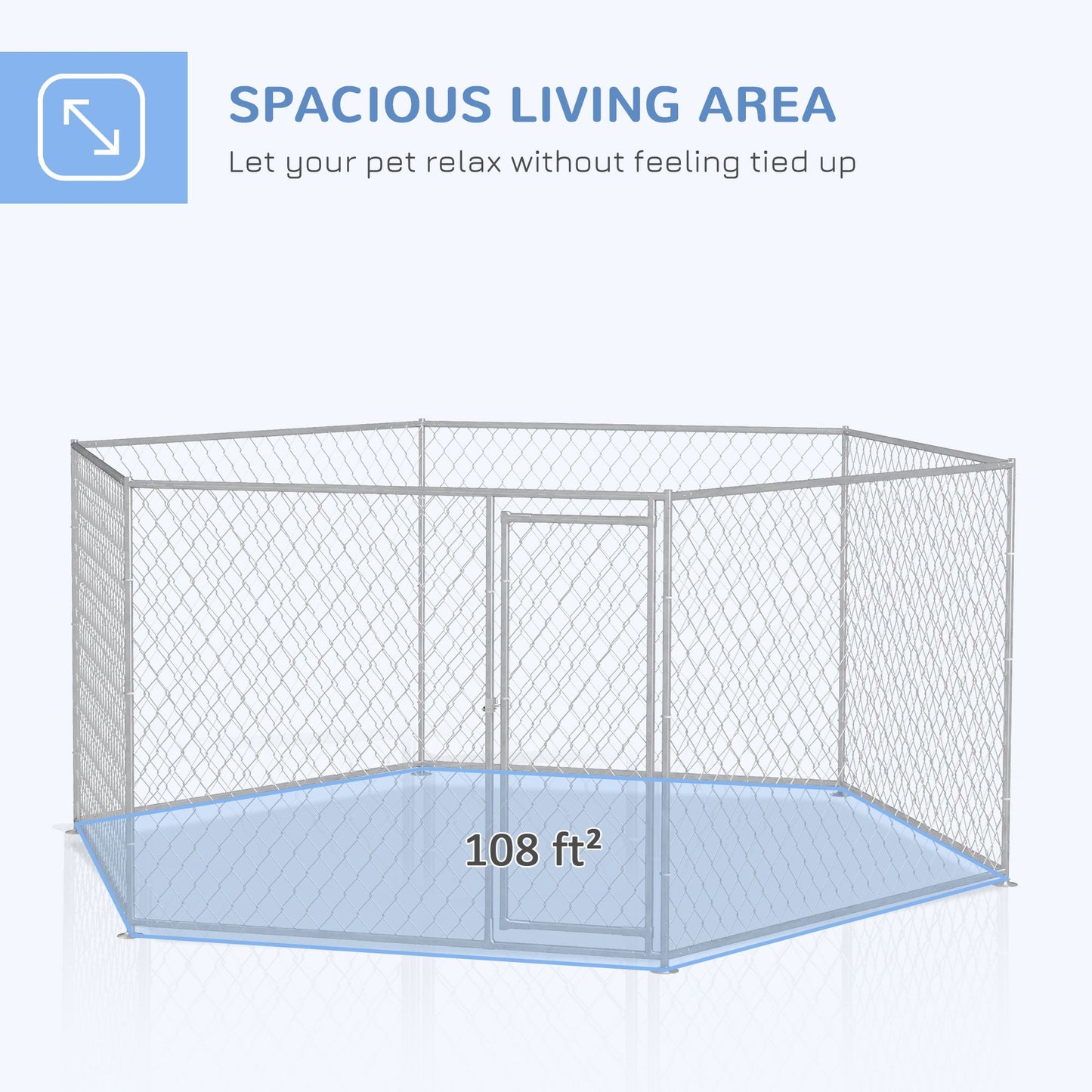 Spacious outdoor dog run for large dogs with 108 square feet living area and secure metal fencing