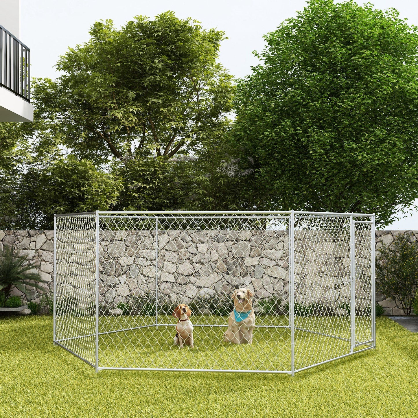 Outdoor dog run for large dogs with chain-link fence enclosure on green grass in backyard