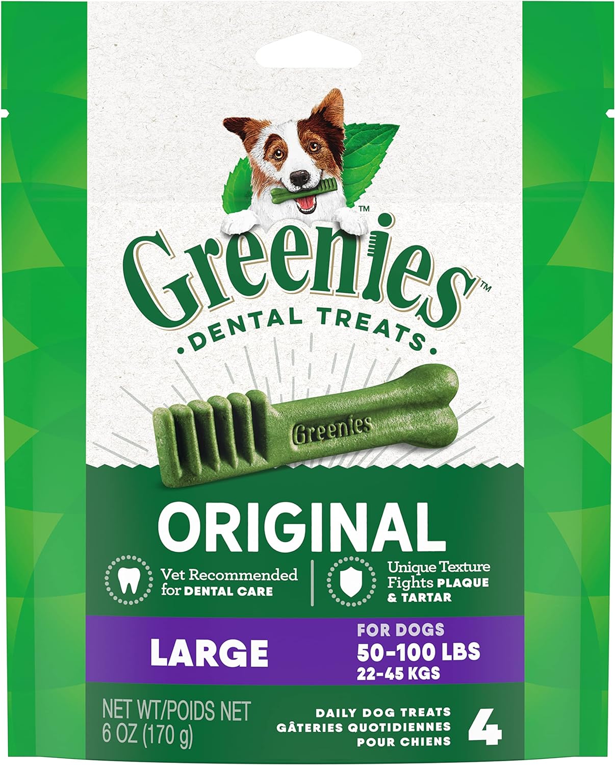 Greenies dental treats for large dogs in package, designed to fight plaque and tartar