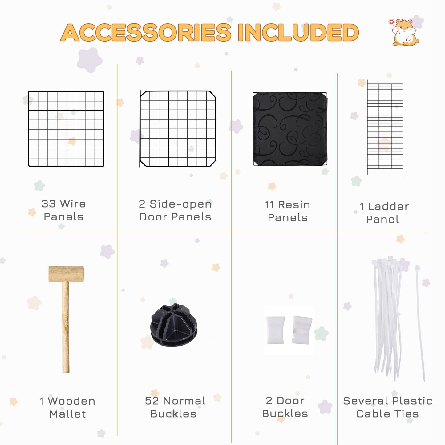 Guinea pig playpen with door including panels, mallet, and cable ties for easy assembly and secure play area