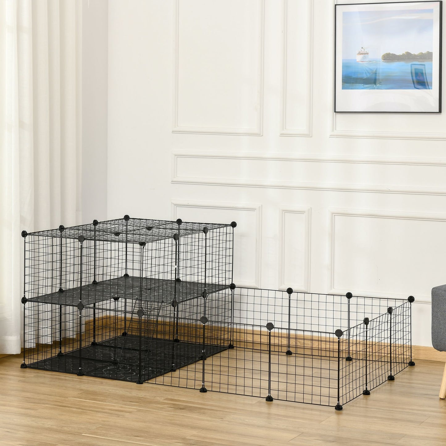 Guinea pig playpen with door featuring multiple levels for safe and interactive pet play