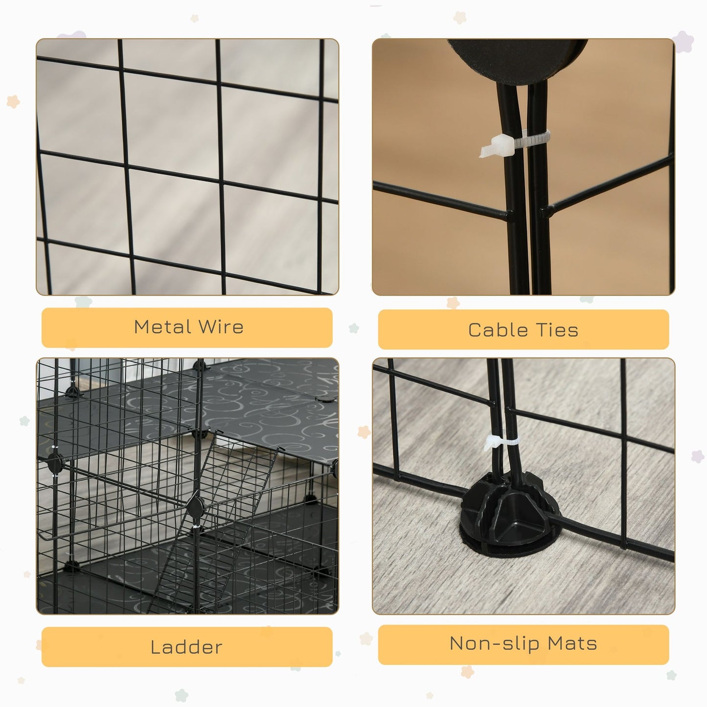Guinea pig playpen with door featuring metal wire, cable ties, ladder, and non-slip mats for secure setup