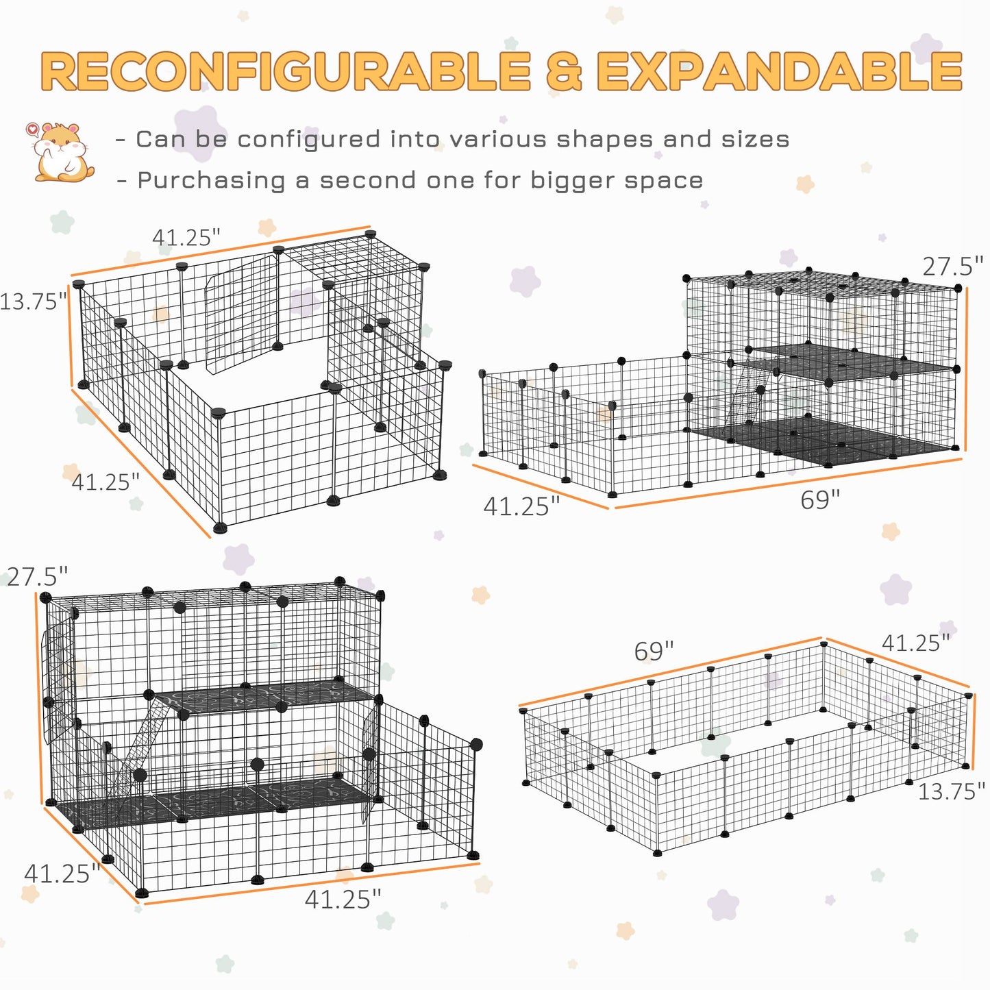 Reconfigurable and expandable guinea pig playpen with door in various shapes for ample pet space