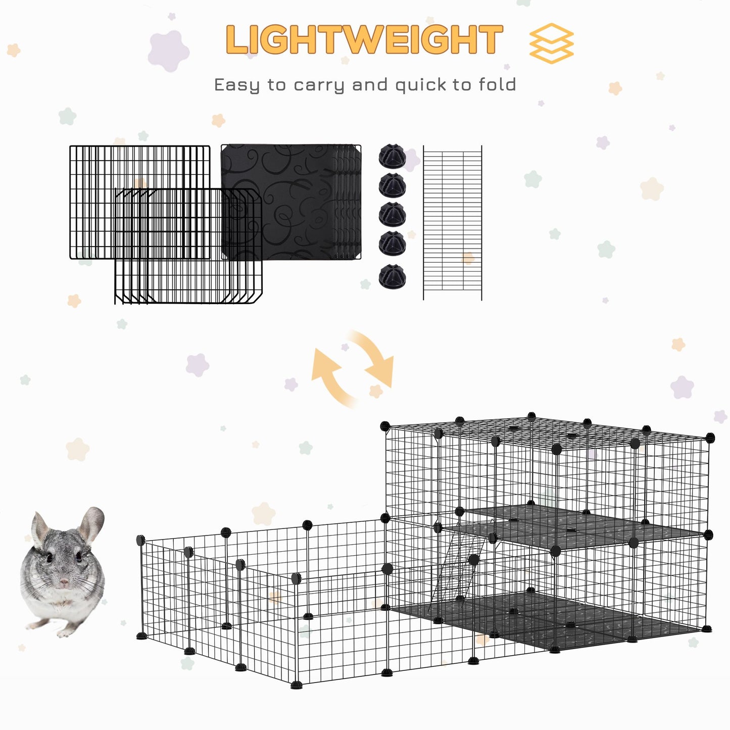 Portable guinea pig playpen with door featuring easy to fold panels and lightweight design