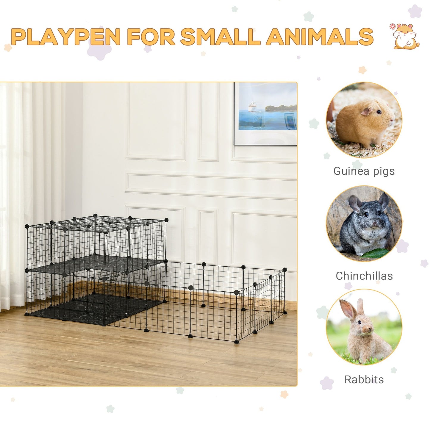 Guinea pig playpen with door featuring multi-level design for small animals like guinea pigs and rabbits