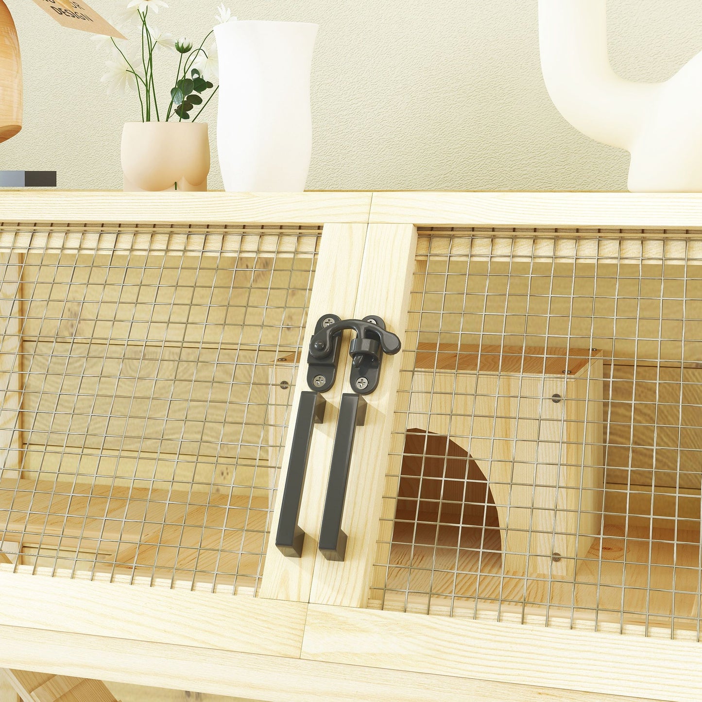 Spacious hamster cage with wheels featuring a wooden design and large front doors for easy access