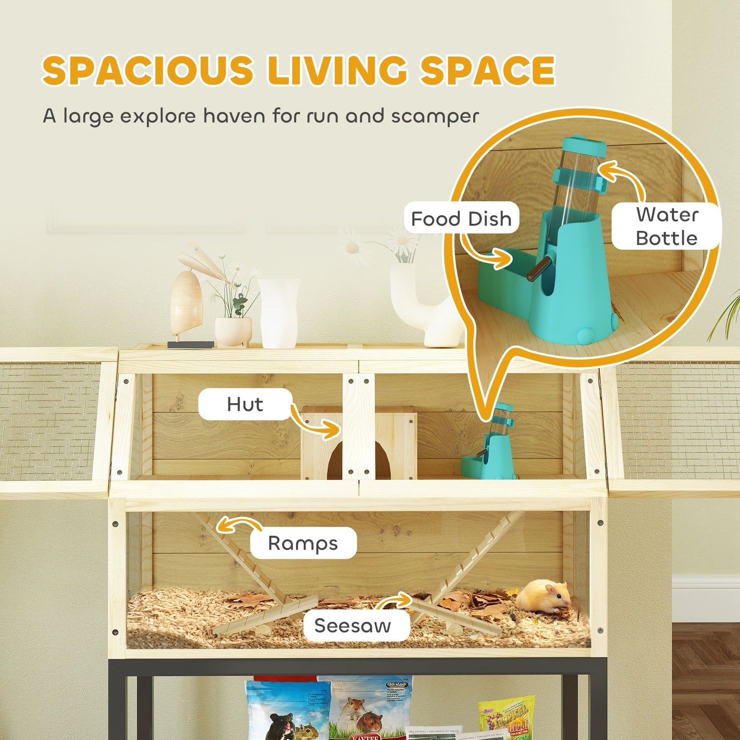 Large hamster cage with wheels featuring ramps, hut, food dish, and water bottle for playful pets