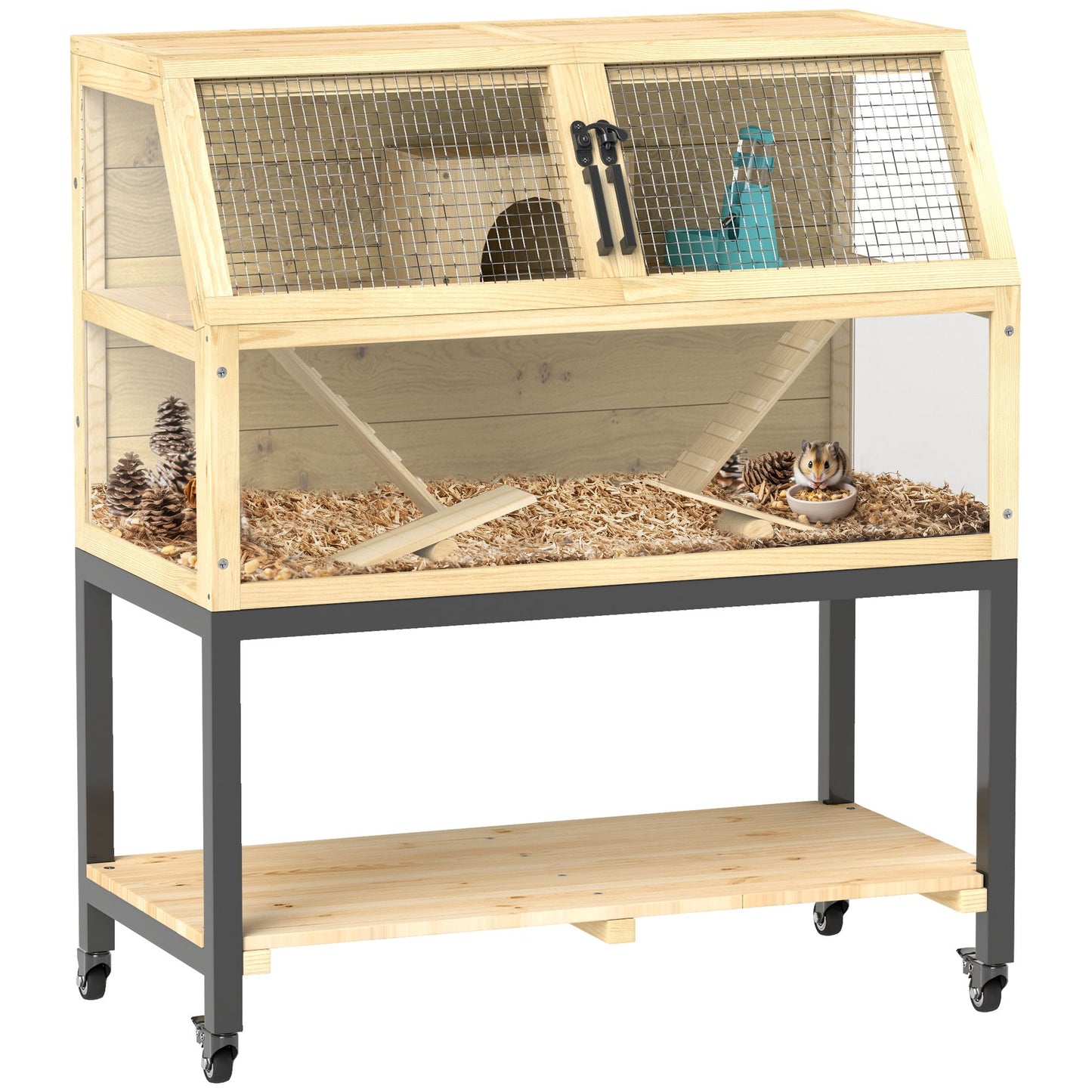 Spacious hamster cage with wheels for easy mobility, includes wooden features and a clear viewing area