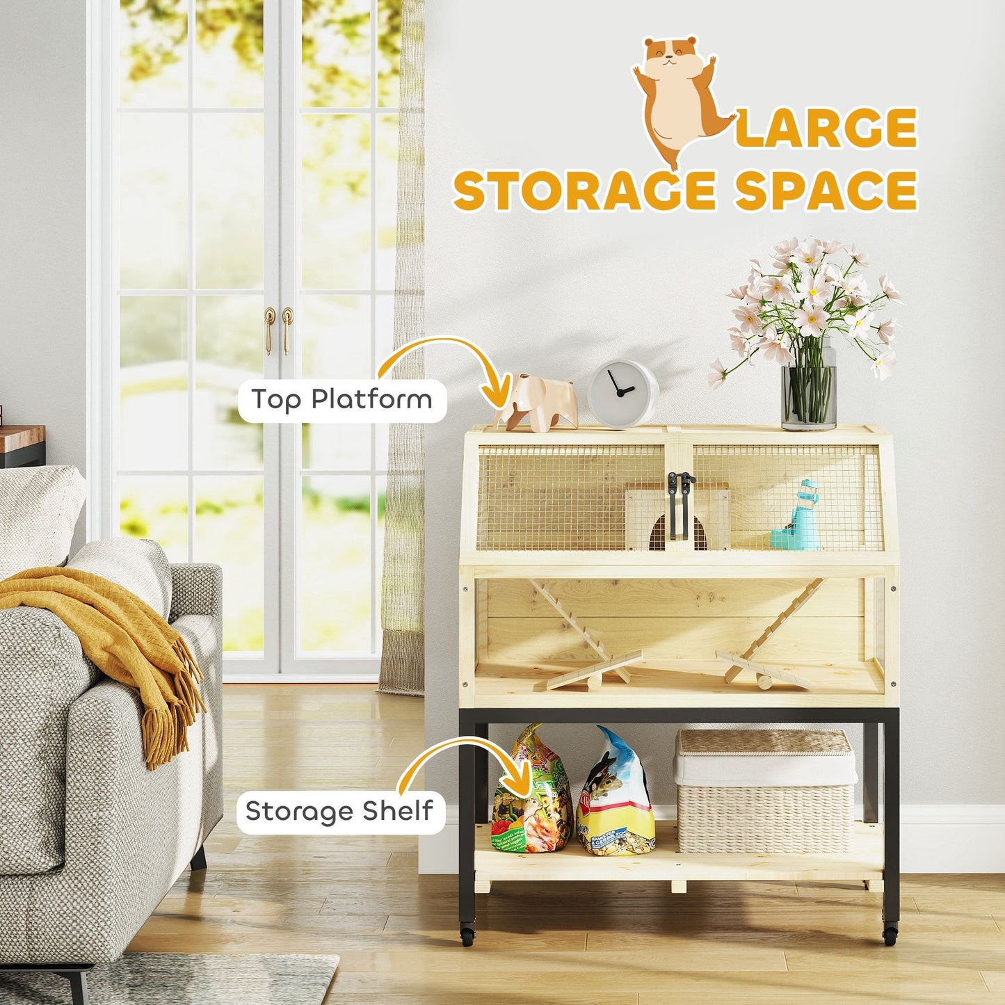 Hamster cage with wheels featuring a spacious top platform and a storage shelf for pet essentials