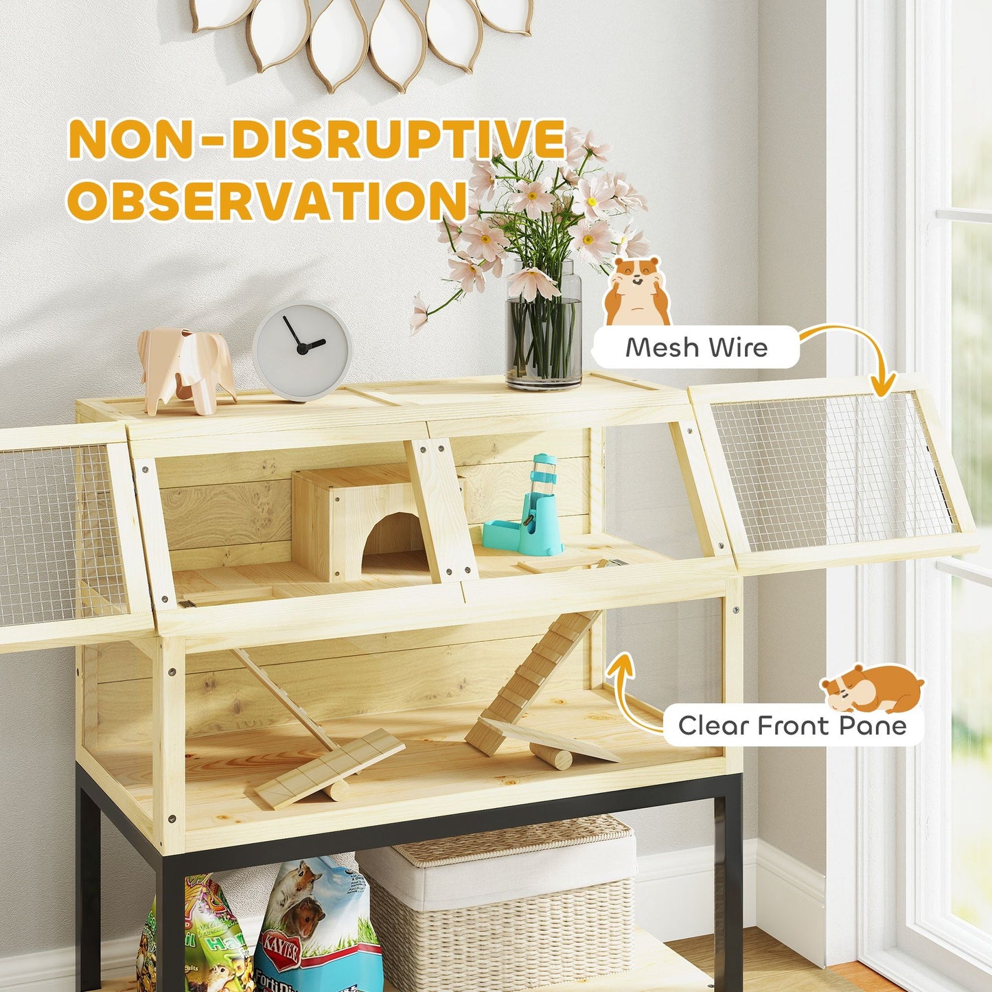 Hamster cage with wheels featuring mesh wire and a clear front pane for easy observation