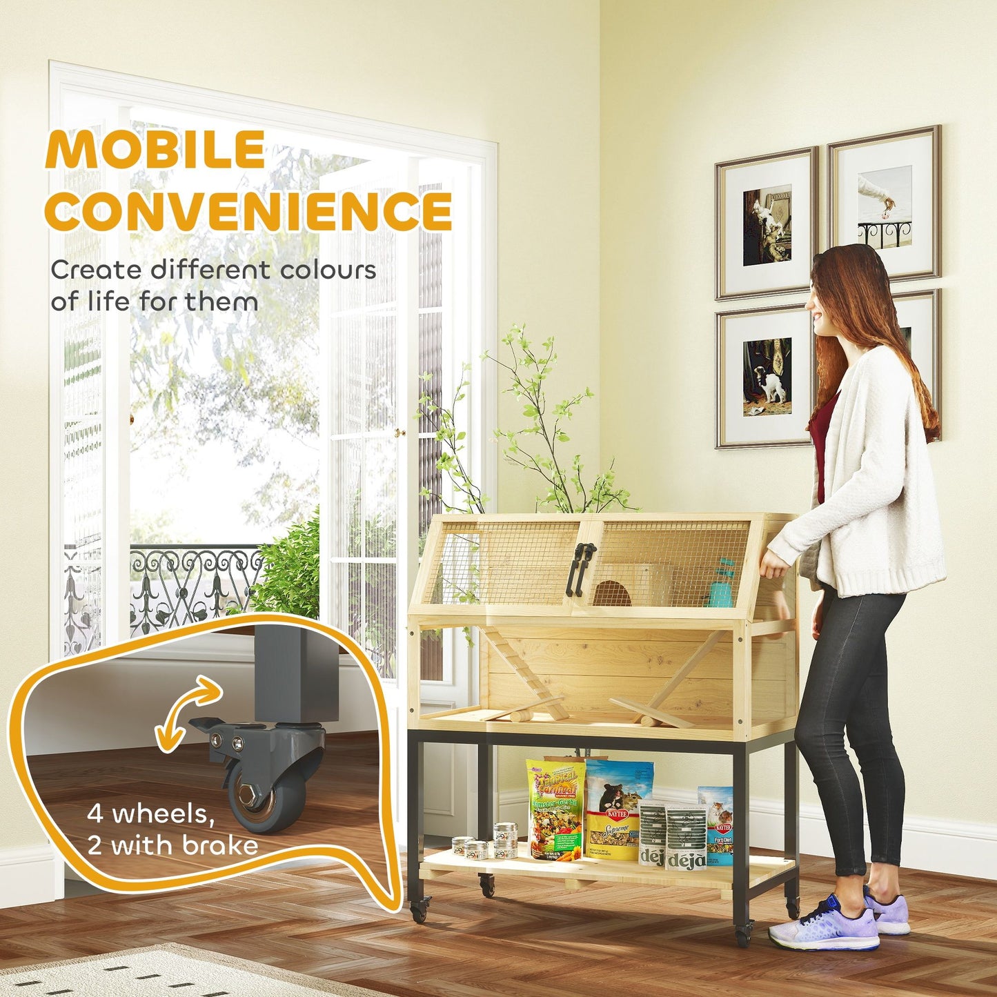 Hamster cage with wheels featuring four mobile casters for easy movement and convenience