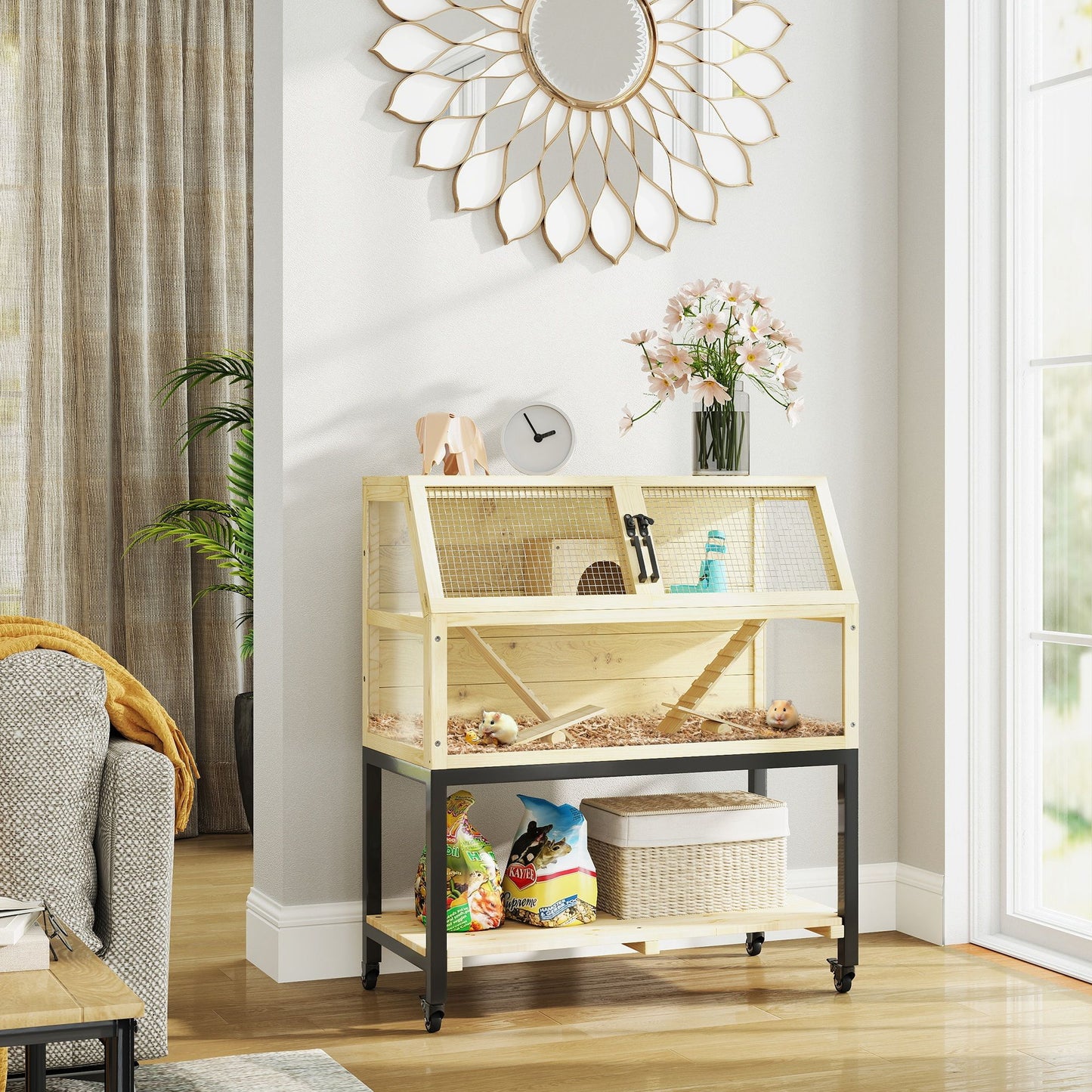 Stylish hamster cage with wheels, designed for easy mobility and comfort for your pet