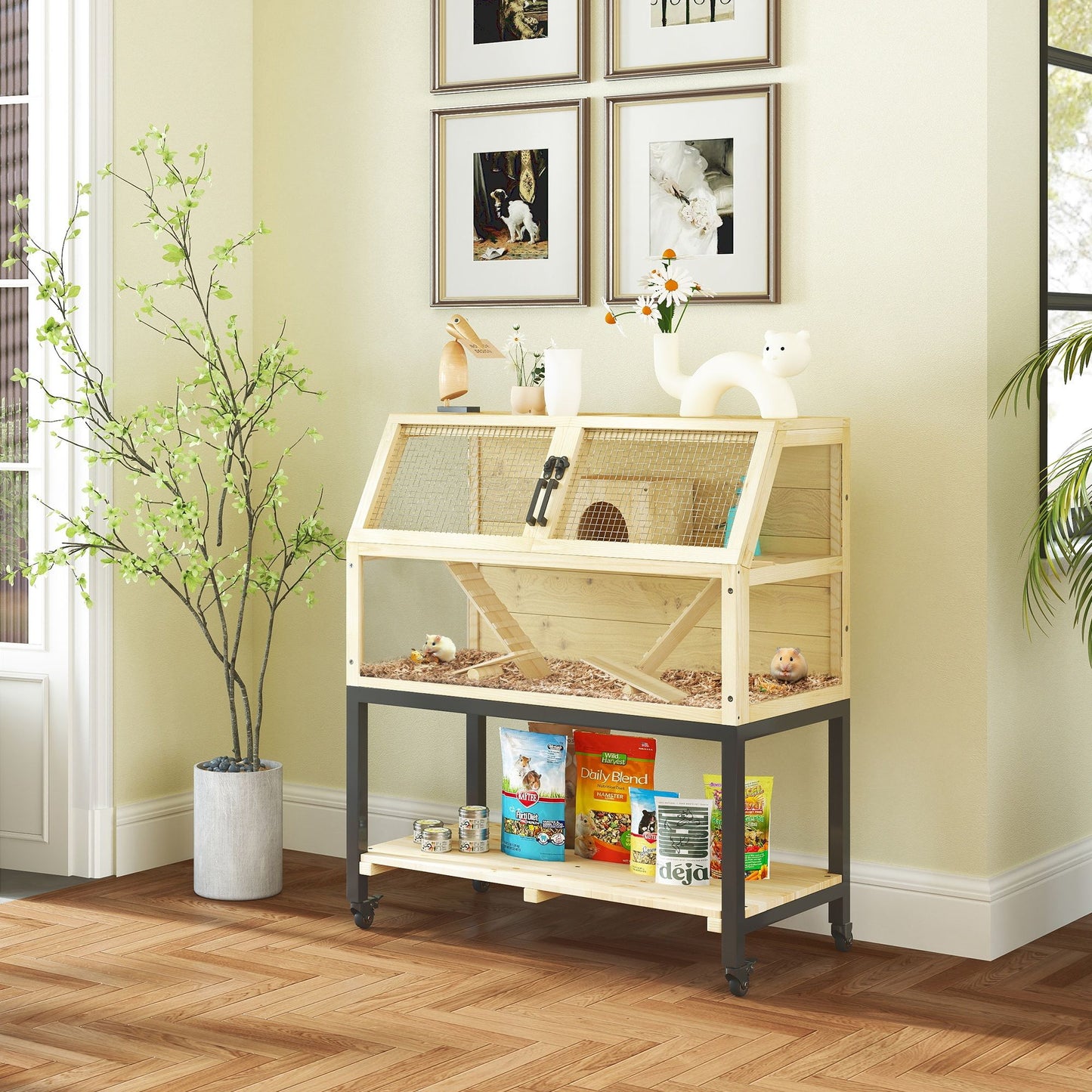 Spacious hamster cage with wheels, featuring a multi-level design and easy access for pet care