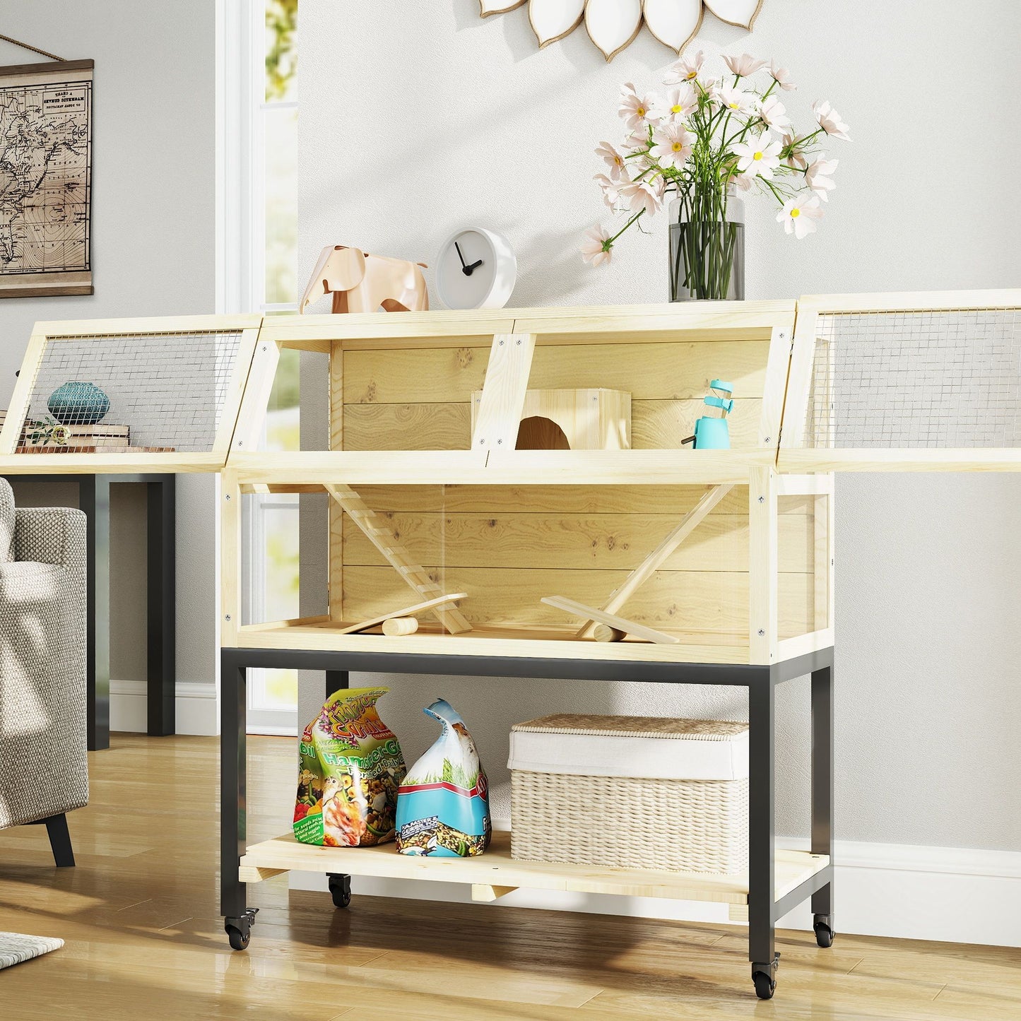 Spacious hamster cage with wheels featuring multiple access points and a natural wood finish