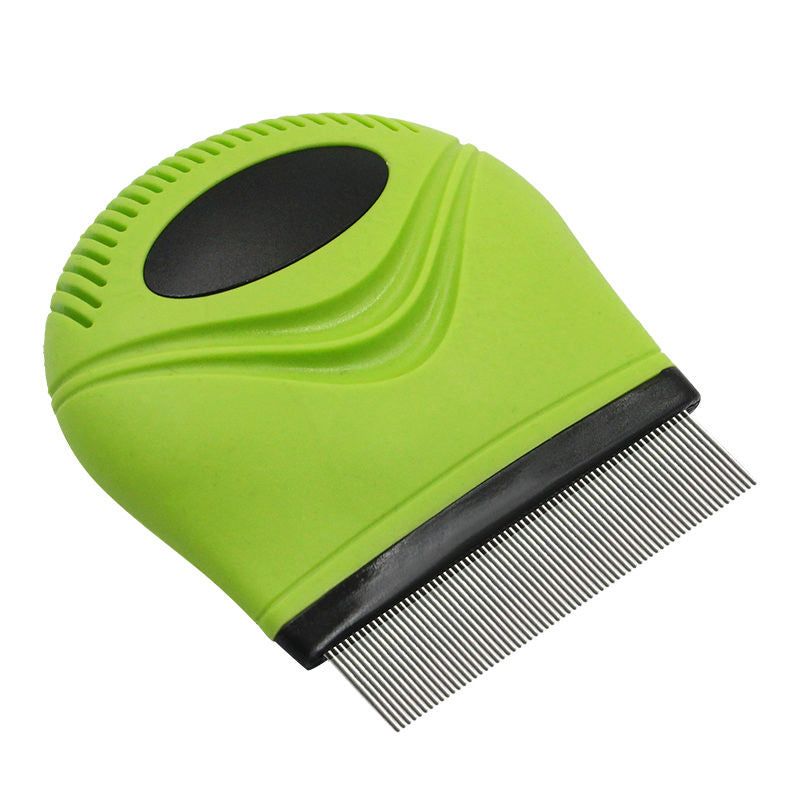 Green handheld flea comb for cats and dogs with fine metal teeth and ergonomic grip