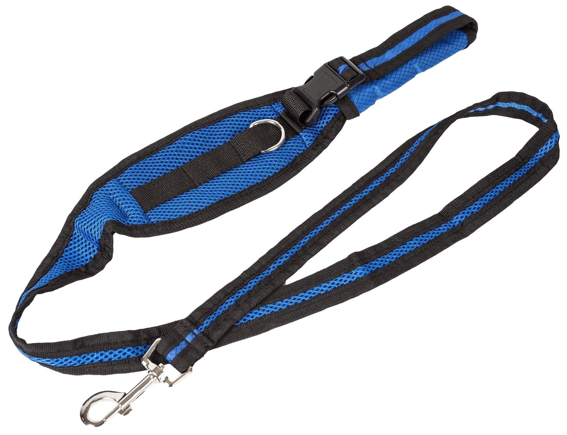 Blue and black hands free dog leash with adjustable strap and metal clip for secure walking