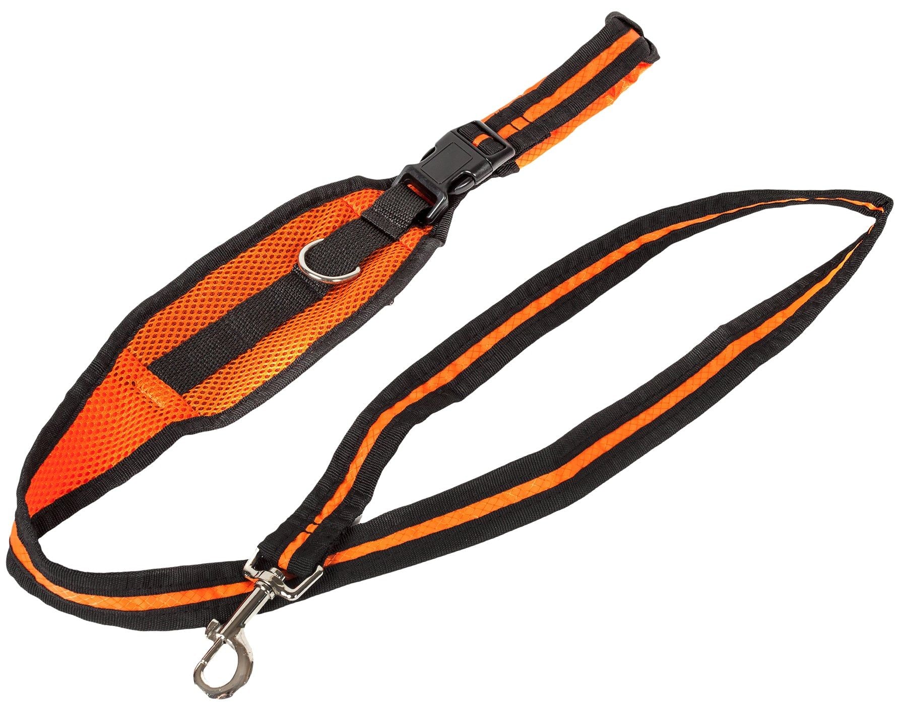 PawCounter.com hands free dog leash in orange and black with adjustable strap and metal clip