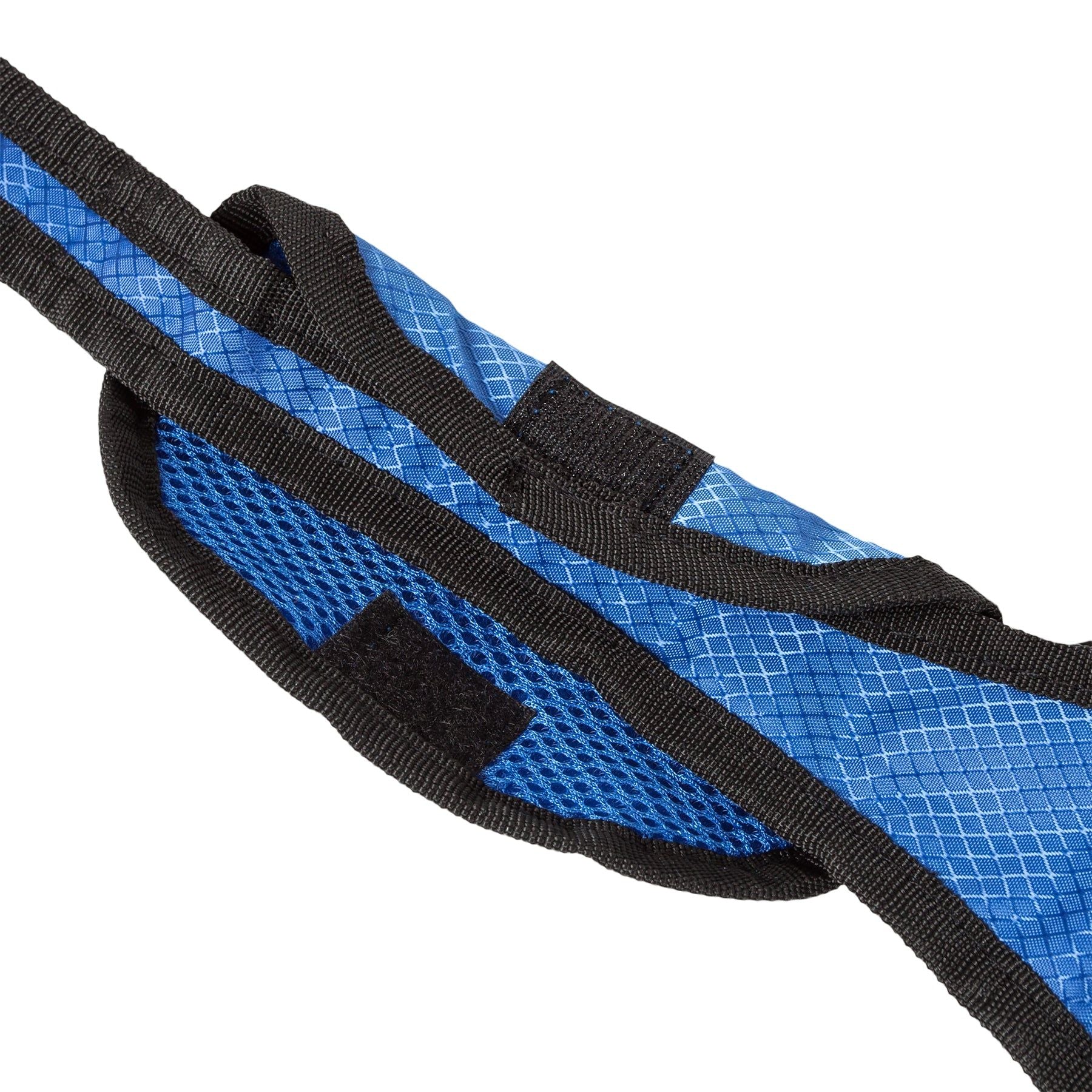 Blue hands free dog leash with pouch featuring mesh and adjustable straps for comfortable dog walking