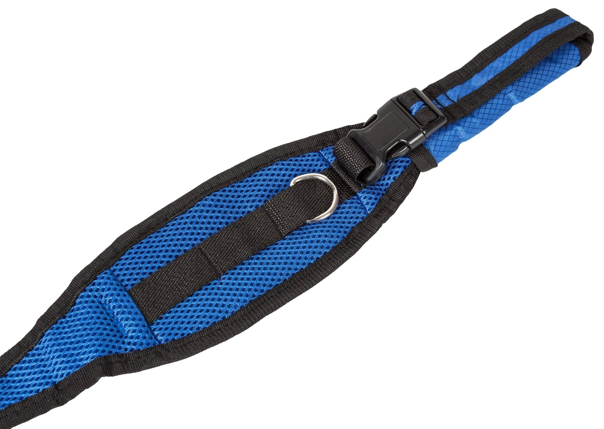 Blue and black hands free dog leash with pouch featuring breathable mesh and adjustable buckle