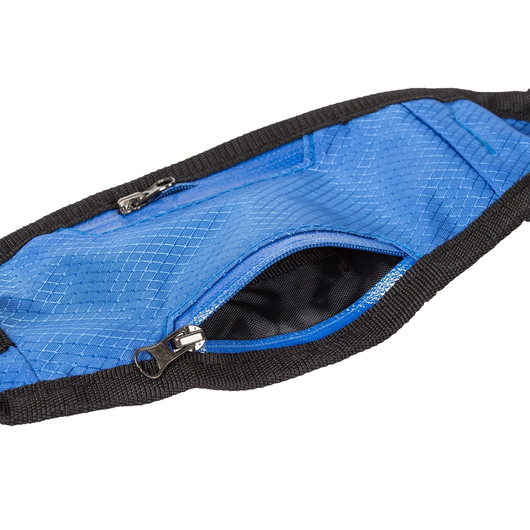 Blue hands free dog leash with pouch showing open zipper pocket for storage