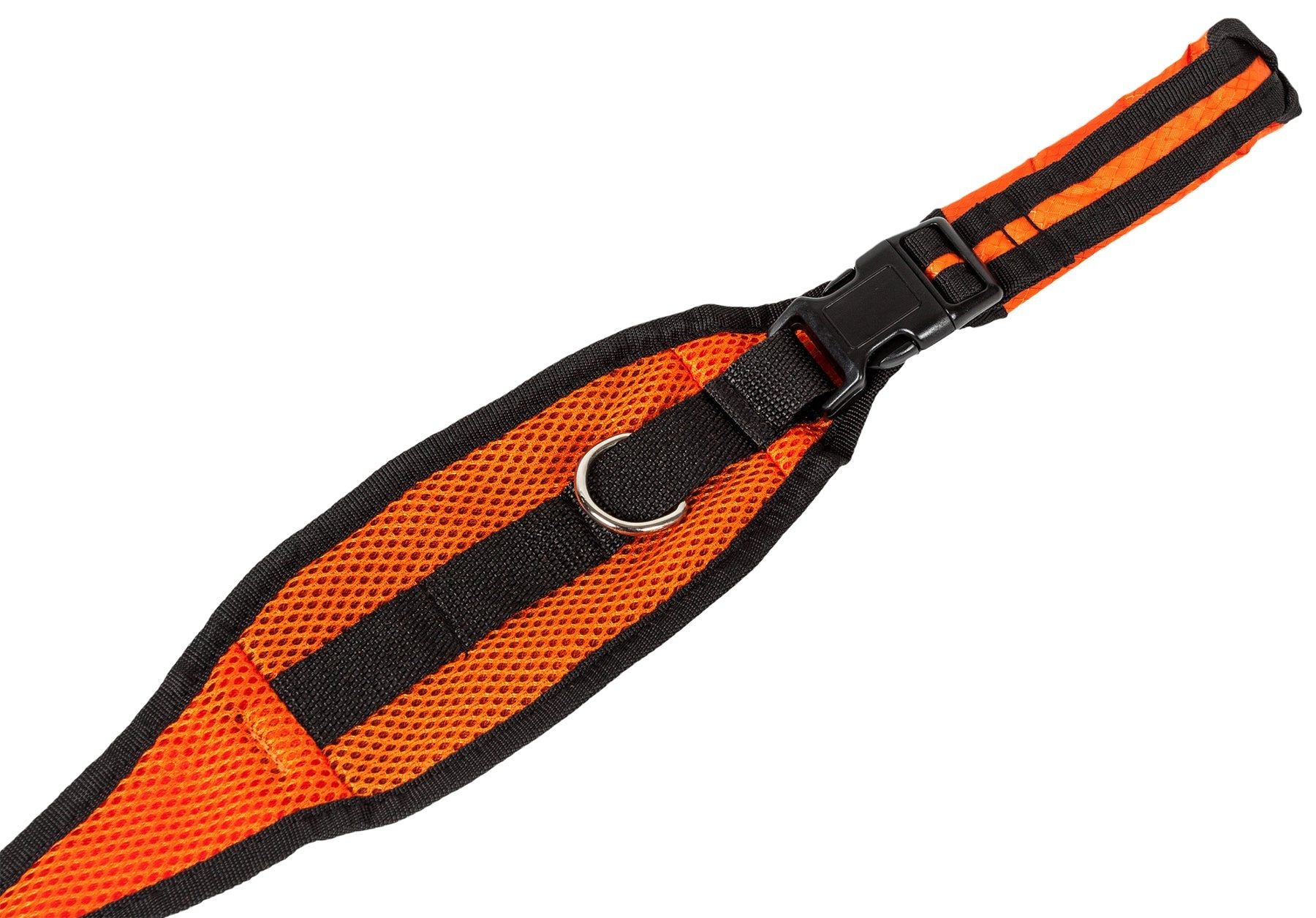Orange and black hands free dog leash with pouch featuring a mesh pouch and adjustable strap