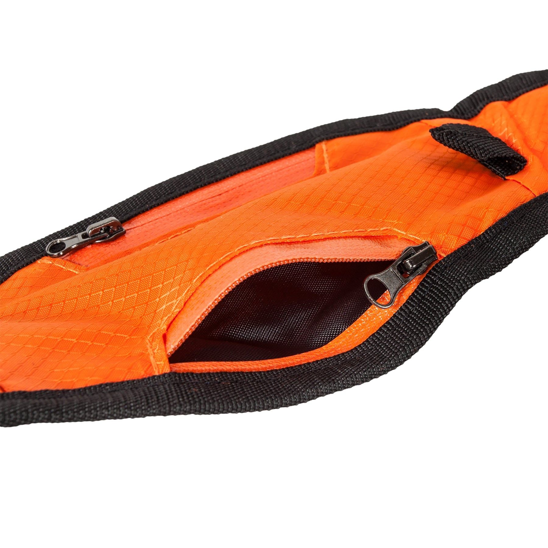 Orange hands free dog leash with pouch featuring zippered compartments for storage