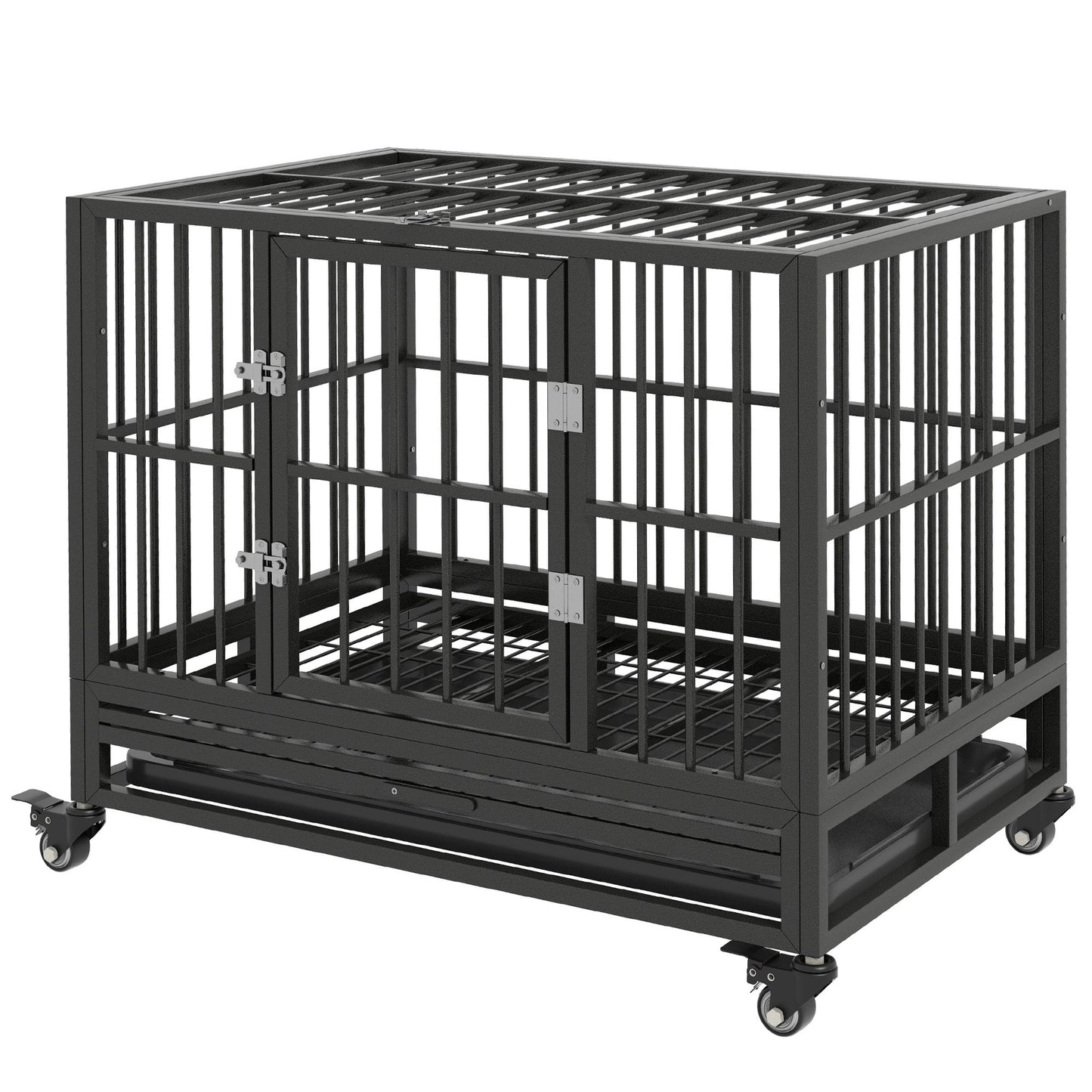 Black heavy duty dog crate with metal bars and wheels for easy mobility by PawCounter.com