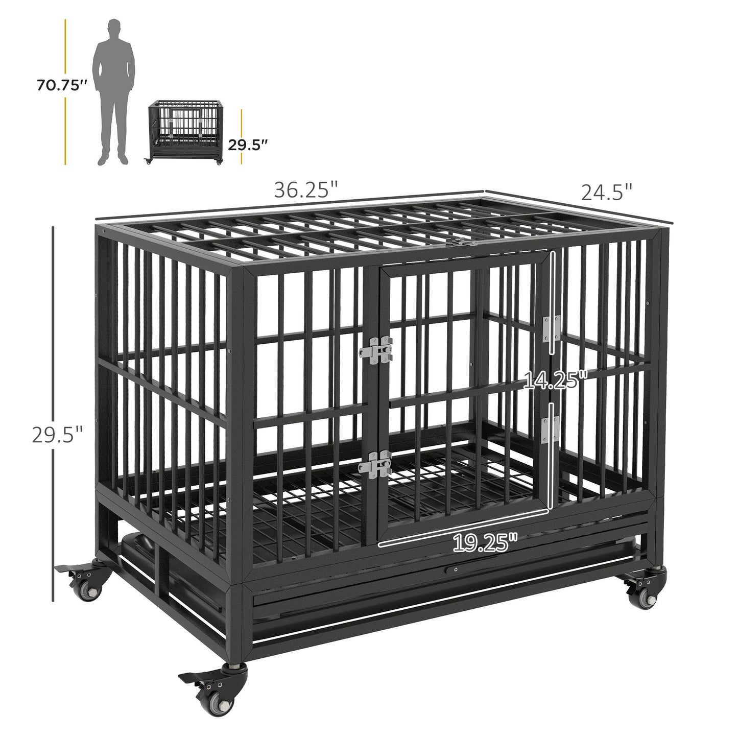 Heavy duty dog crate with black metal bars and wheels for easy mobility by PawCounter.com
