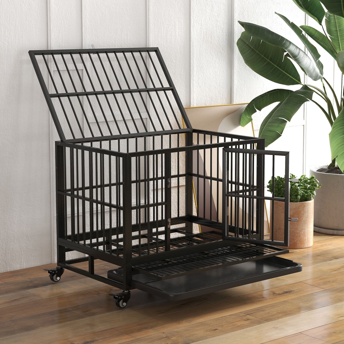Heavy duty dog crate with wheels and open top and front doors in black metal frame
