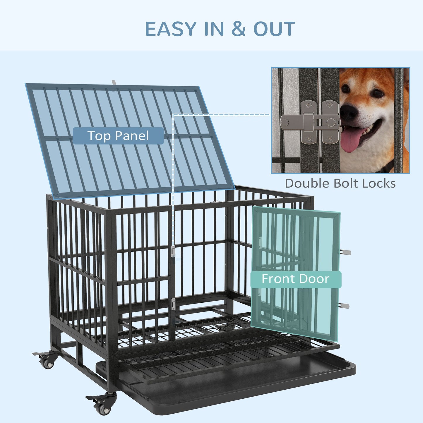 Heavy duty dog crate with top panel, front door, double bolt locks, and wheels for easy access