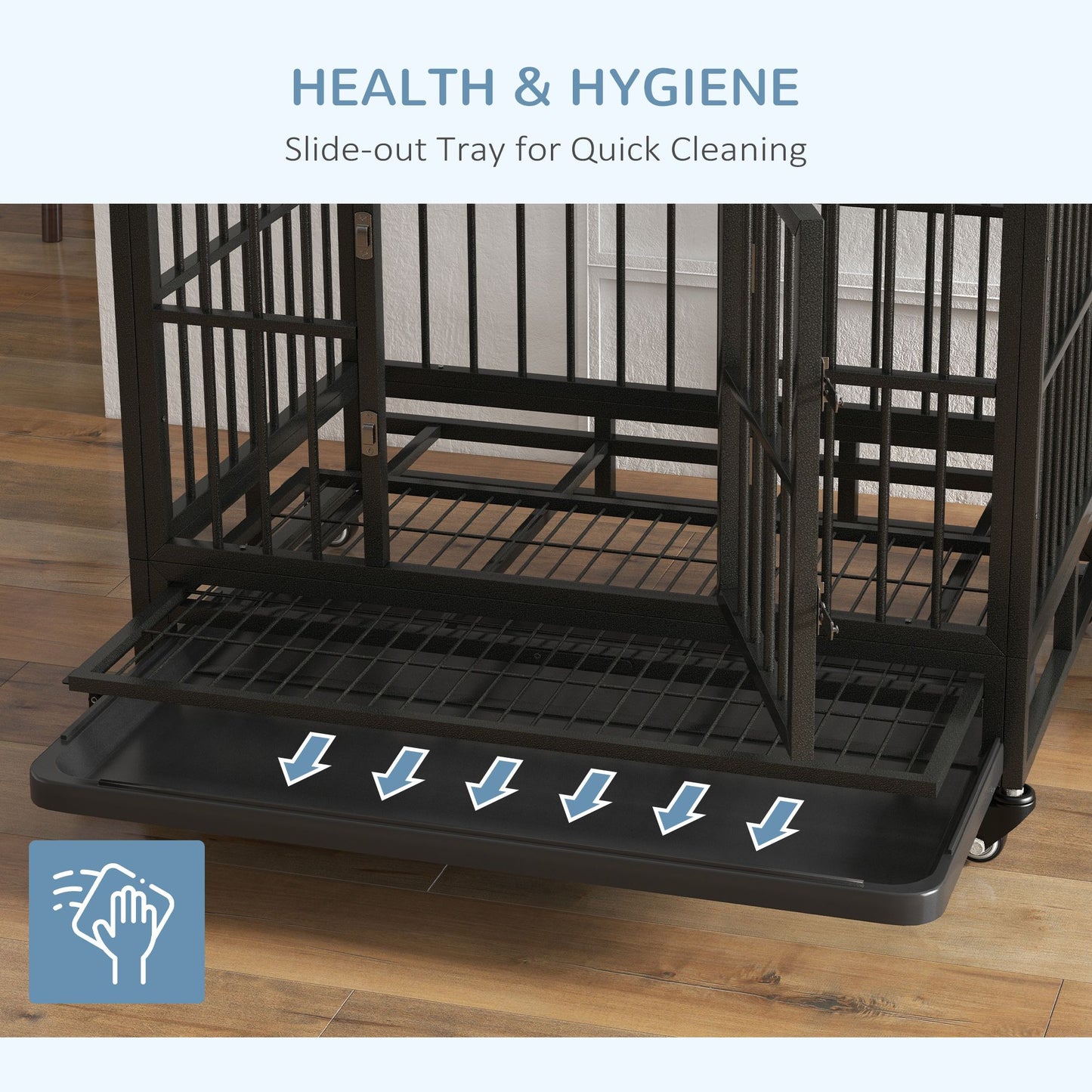 Heavy duty dog crate with slide-out tray for quick cleaning and improved health and hygiene
