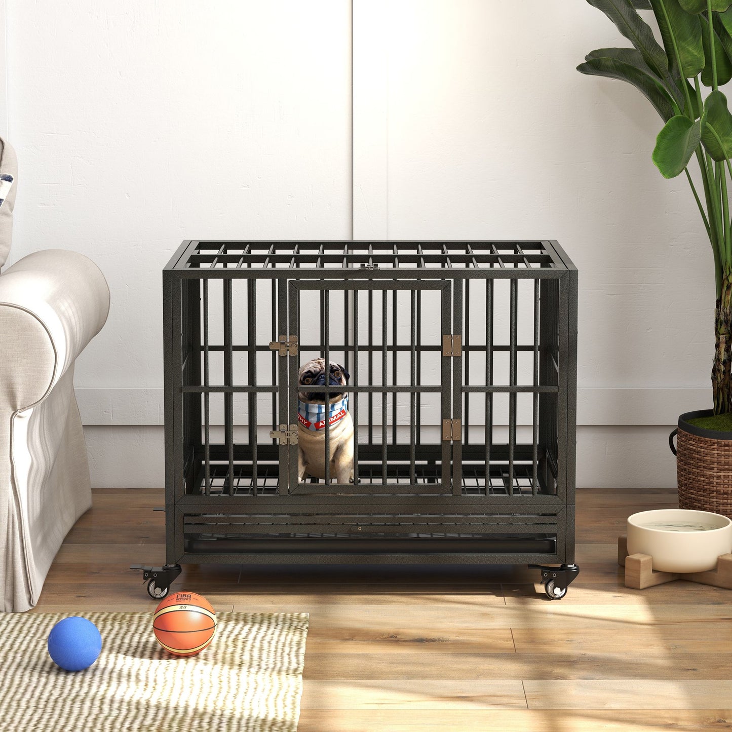 Heavy duty dog crate with wheels housing a small dog inside in a living room setting