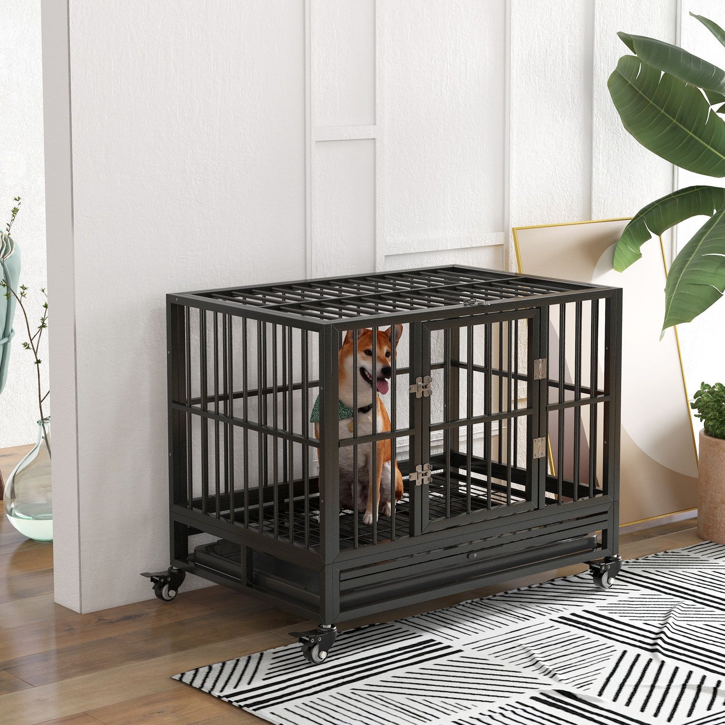 Heavy duty dog crate with a small dog inside on wheels in a modern living room