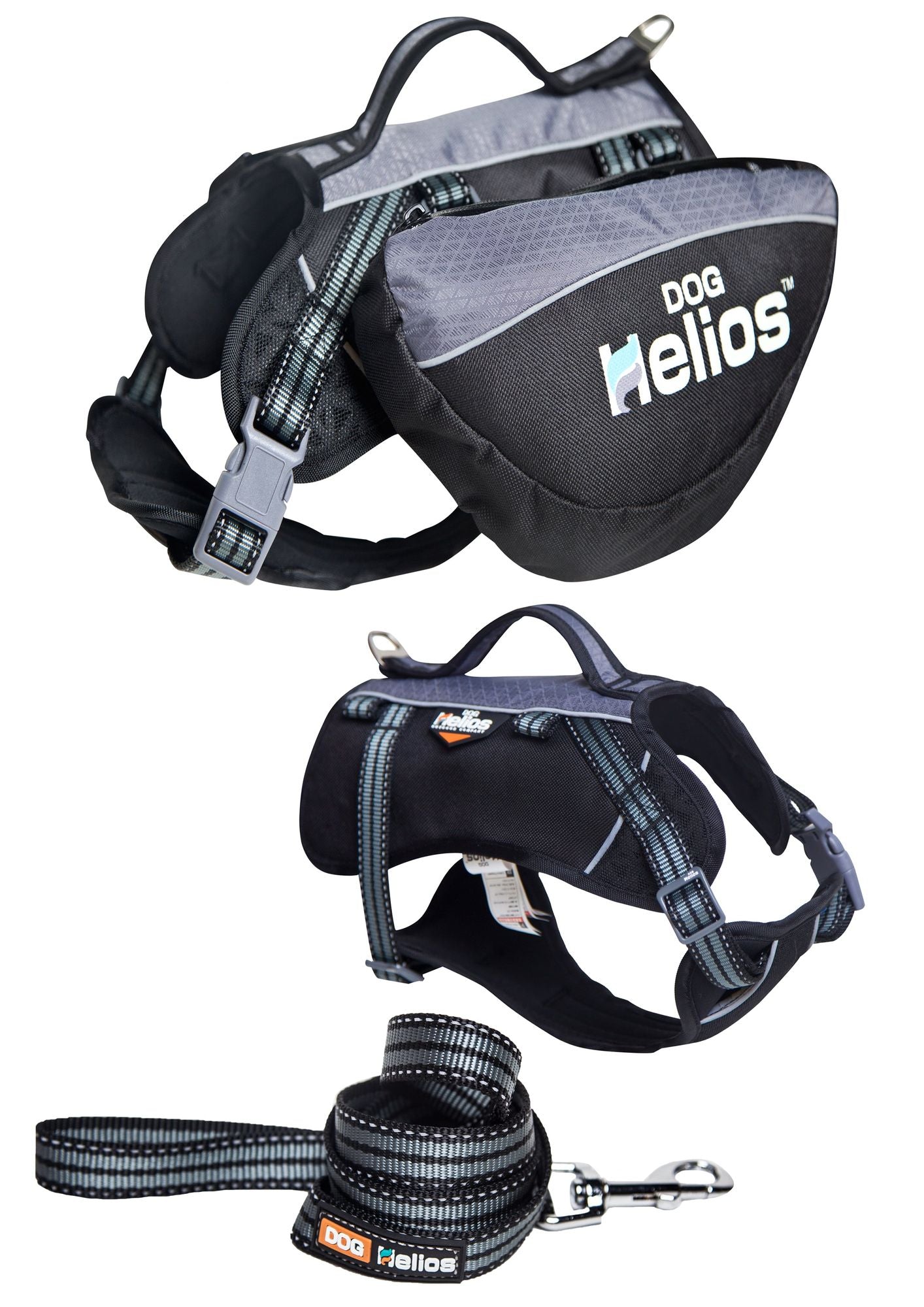 Helios brand 3-in-1 dog backpack with adjustable straps and matching leash for outdoor adventures
