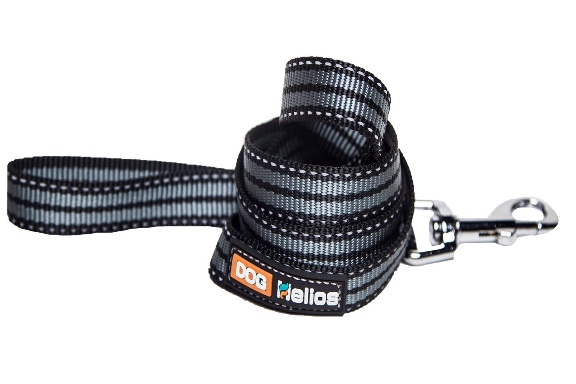 Black and gray striped dog leash with metal clip for secure pet walking by PawCounter.com