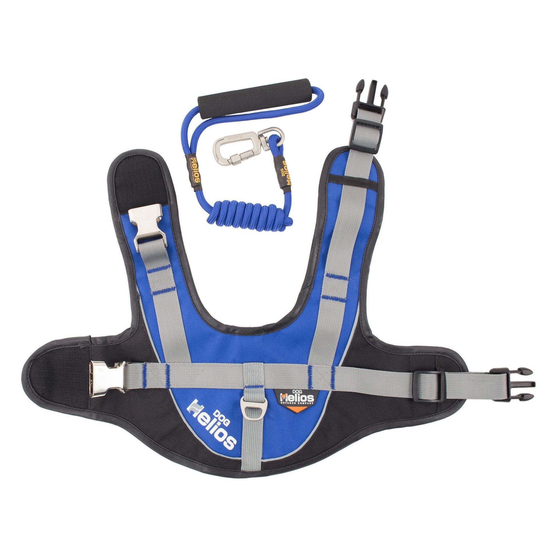 Reflective dog harness and leash set in blue and black with adjustable straps and padded handle