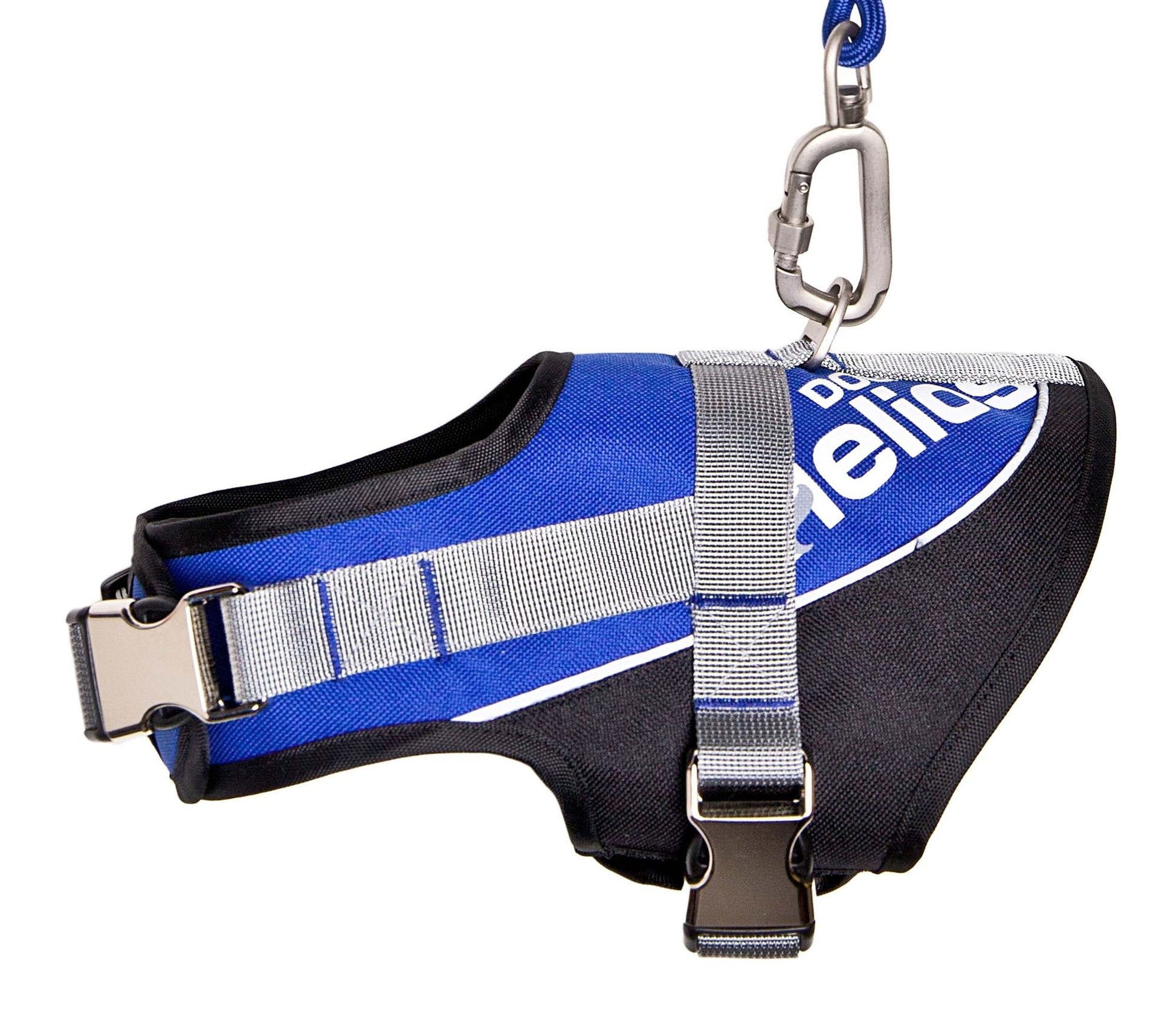 Blue and black reflective dog harness and leash set with adjustable straps and metal clip for safety