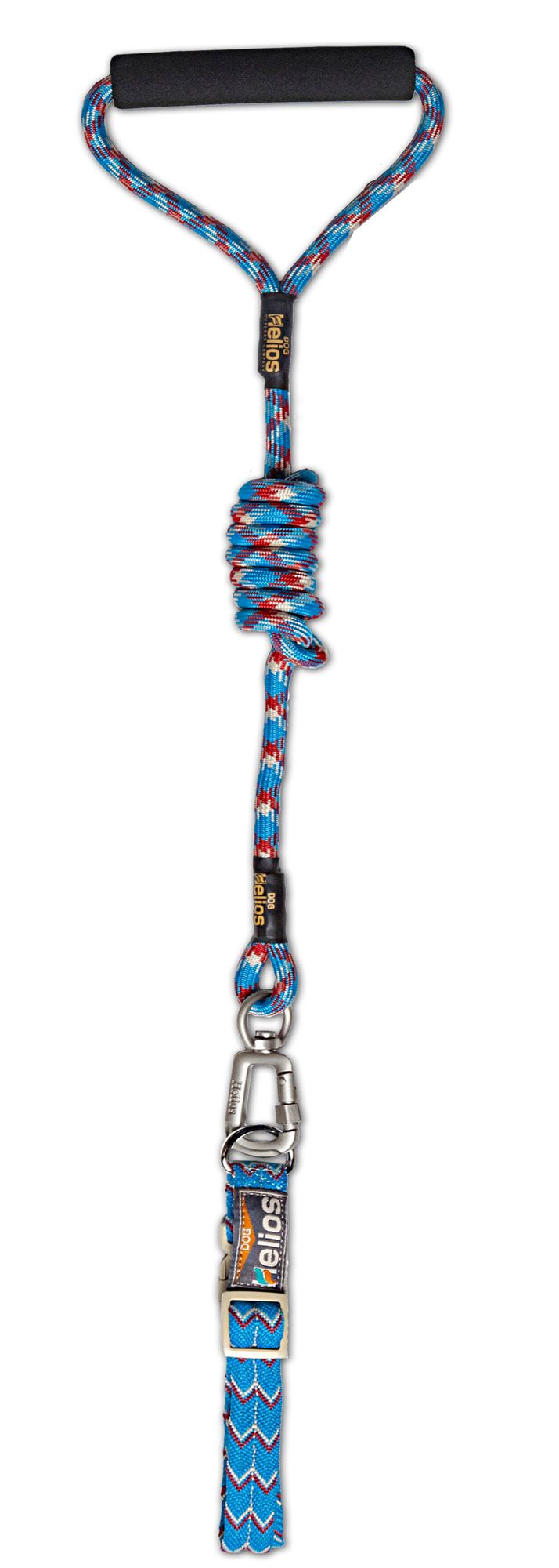 Reflective pet leash and collar set in blue with red and white accents and durable metal clasp