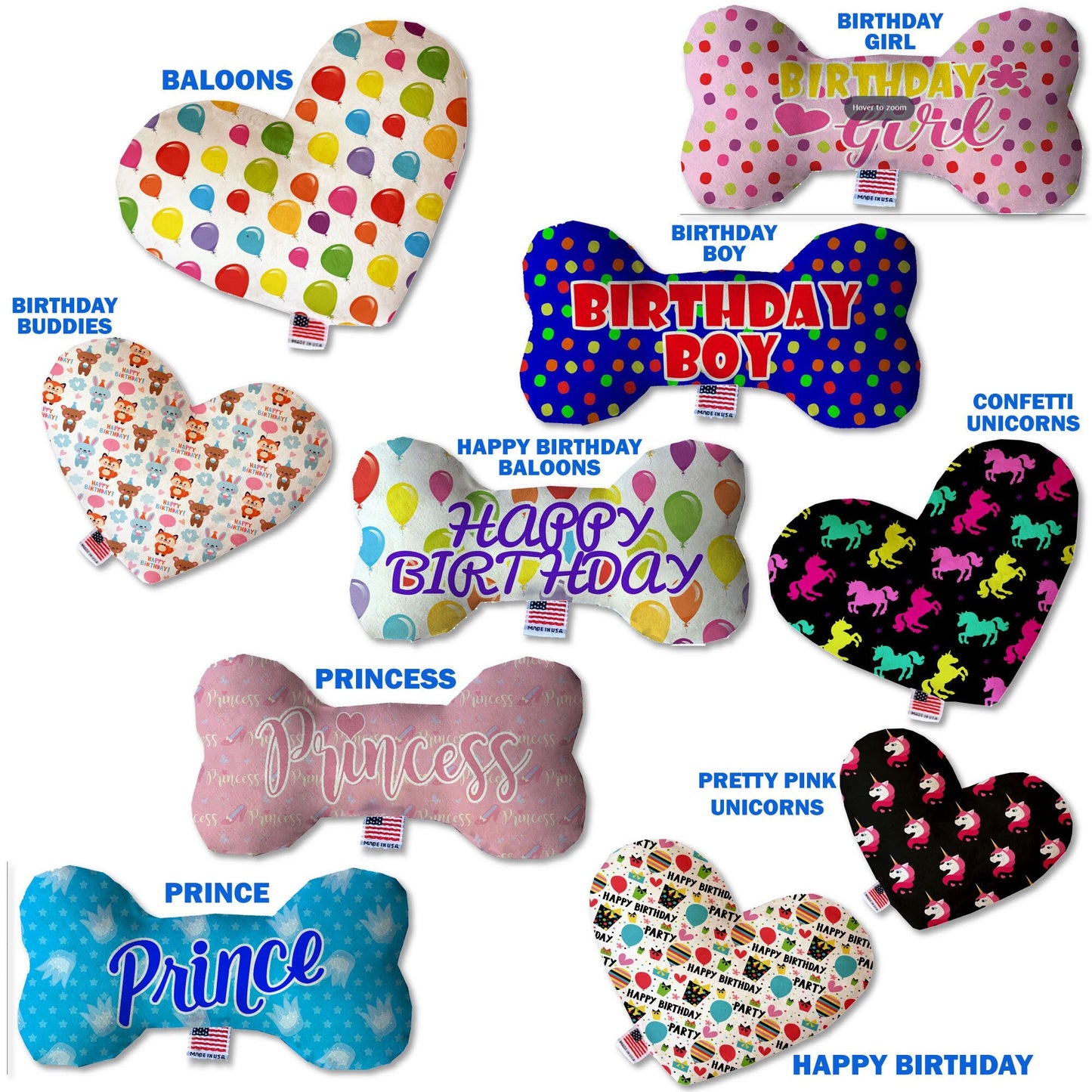 Dog Plush Heart or Bone Toy, "Birthday Group"