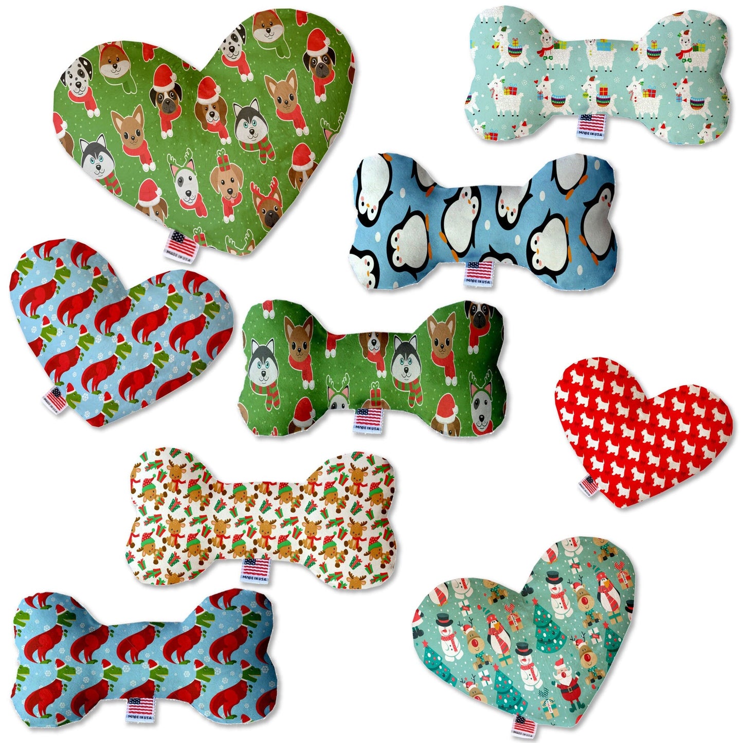 Christmas Pet and Dog Plush Heart or Bone Toy, "Holiday Friends Group" (Available in different sizes, and 7 different patterns!)