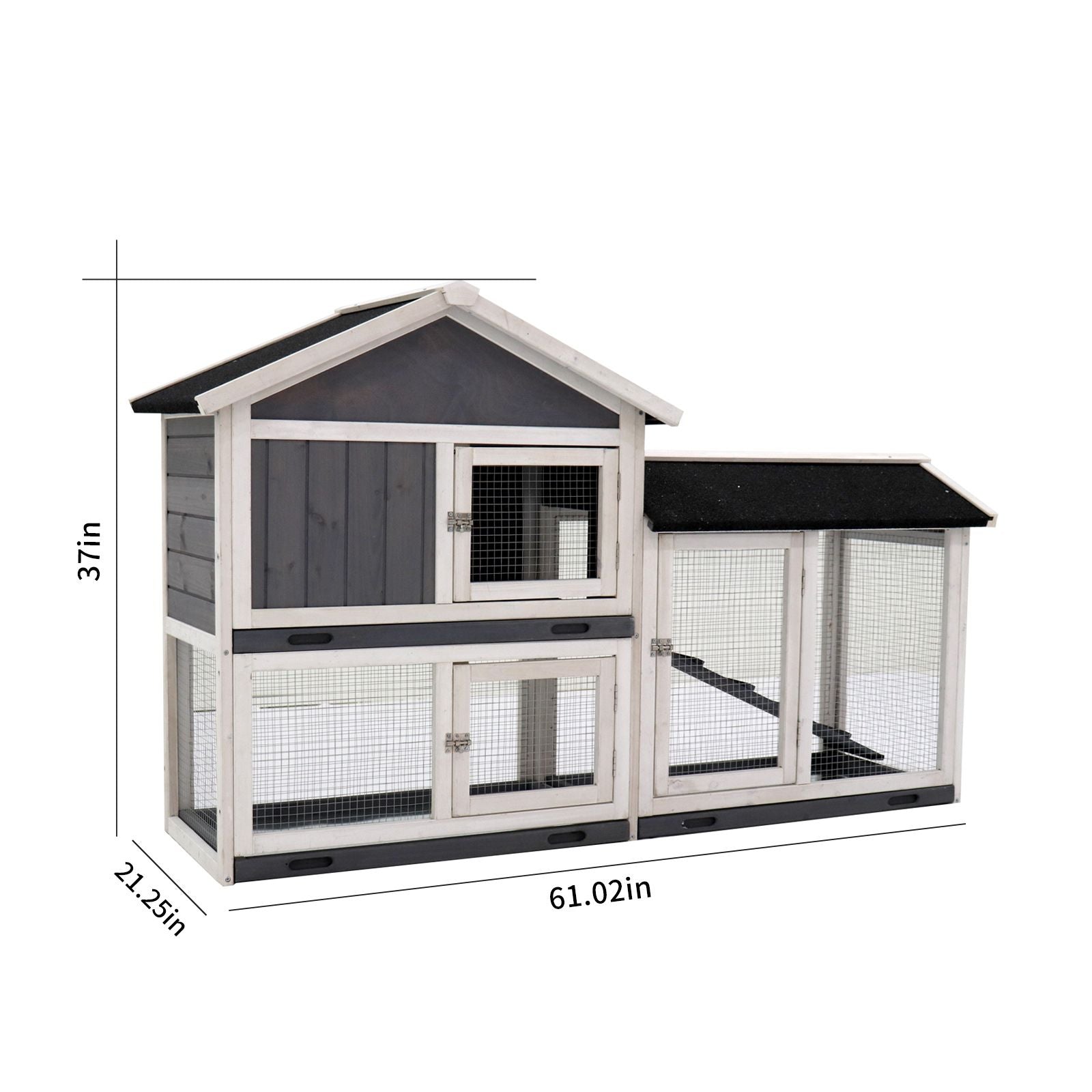 Indoor rabbit hutch with run in gray and white wood with mesh wire for pet rabbits