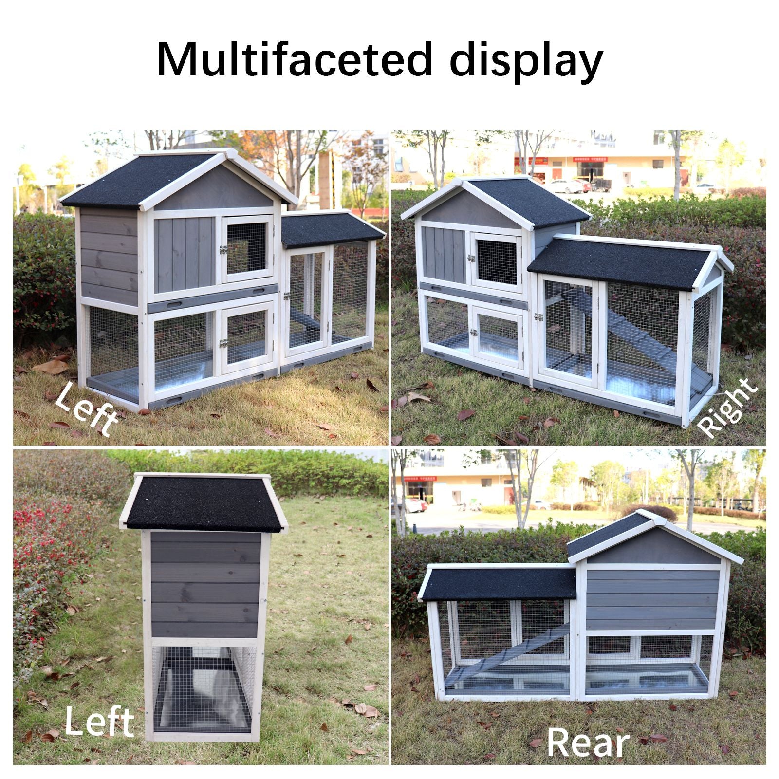 Indoor rabbit hutch with run showing multifaceted gray wooden design and wire mesh for ventilation