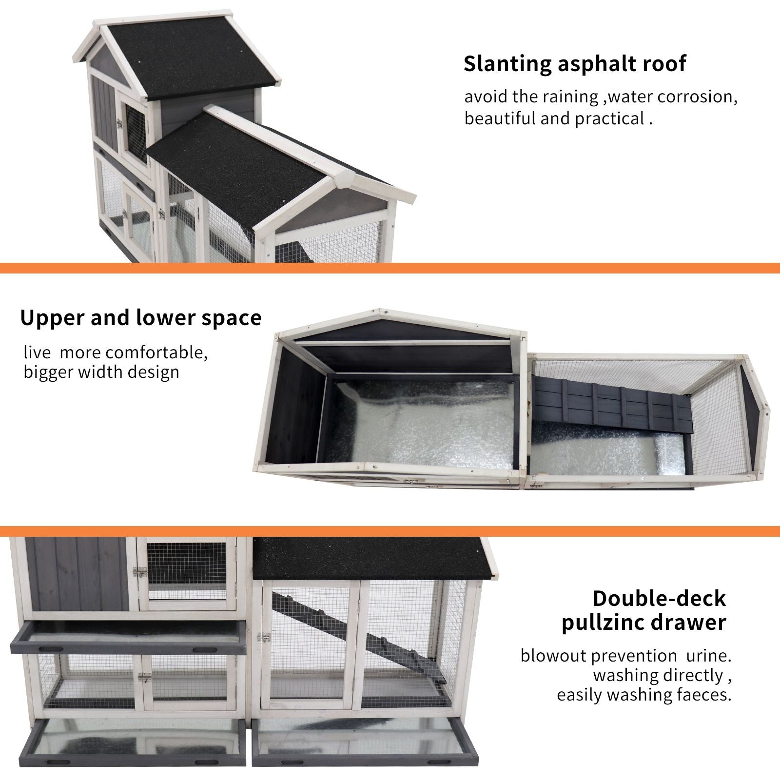 Indoor rabbit hutch with run featuring slanting asphalt roof, double-deck pull zinc drawer, and upper and lower living space