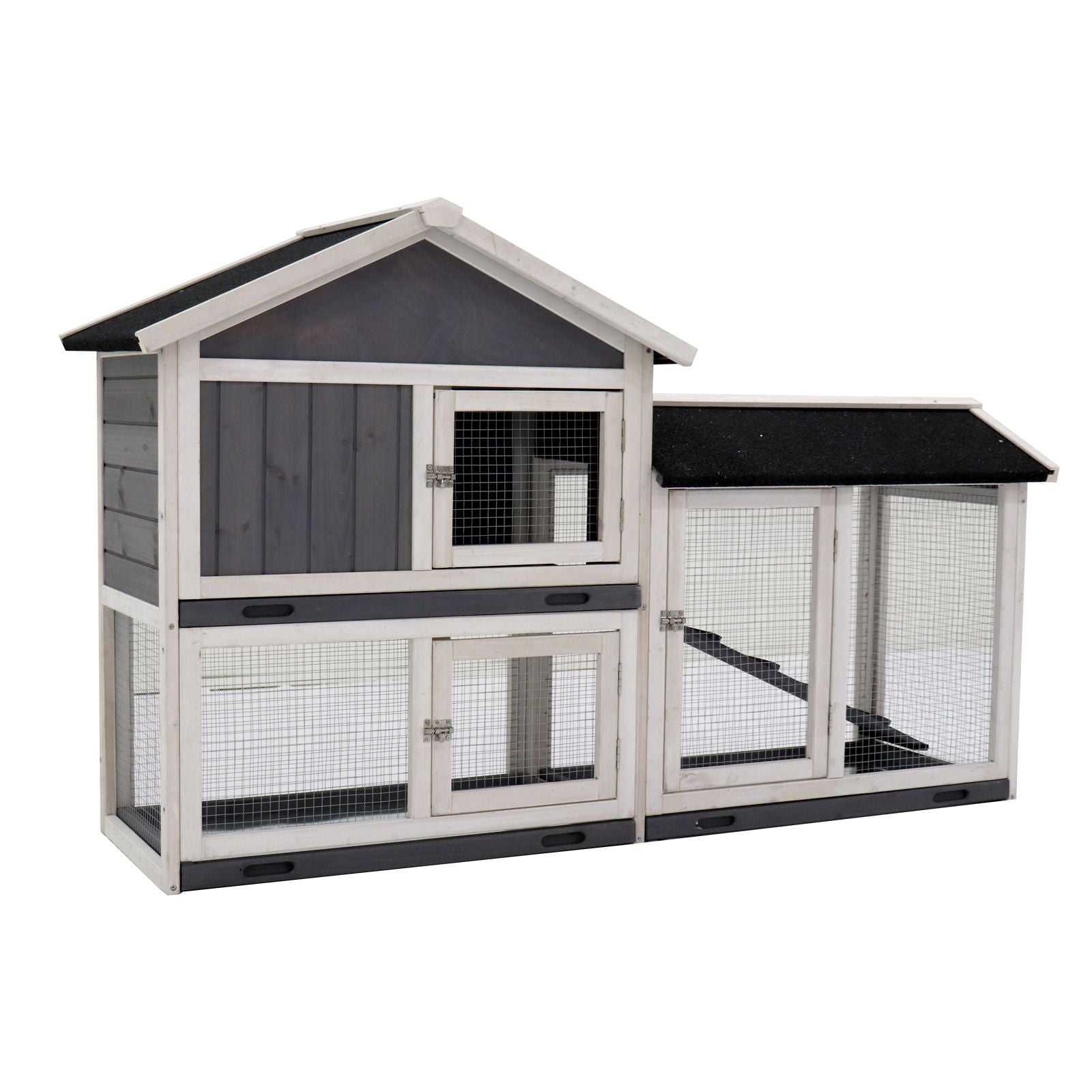 Gray and white indoor rabbit hutch with run featuring wire mesh doors and roofed shelter