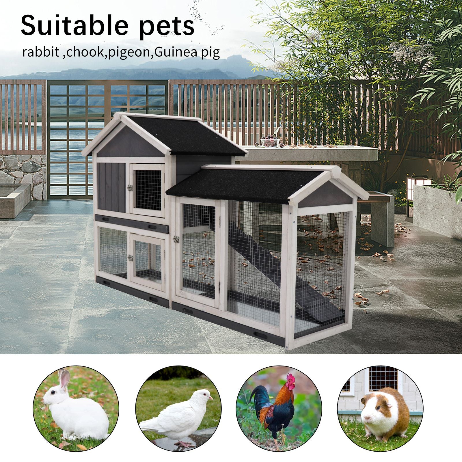 Indoor rabbit hutch with run in gray and white suitable for rabbits, chickens, pigeons, and guinea pigs