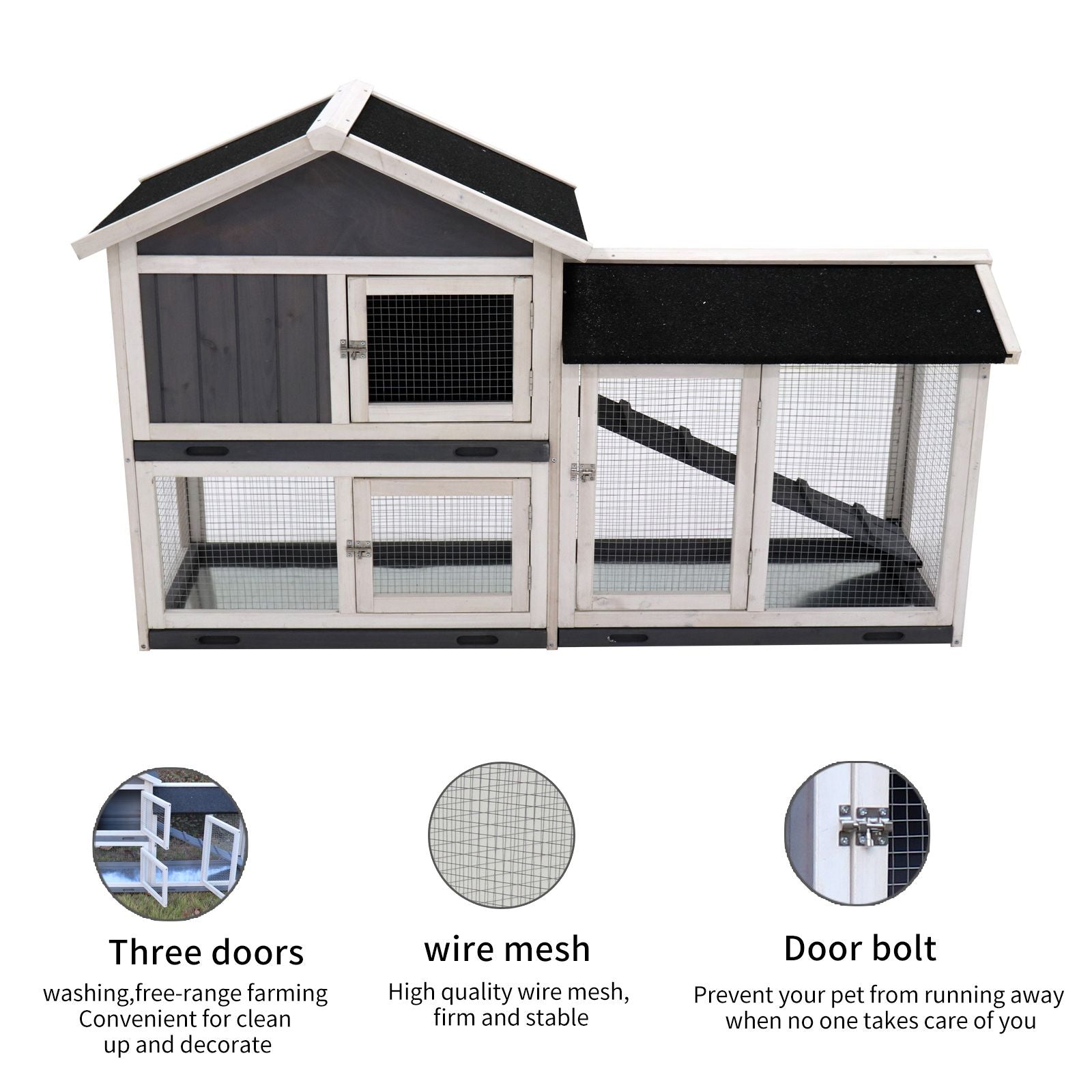 Indoor rabbit hutch with run featuring three doors, high quality wire mesh, and secure door bolt