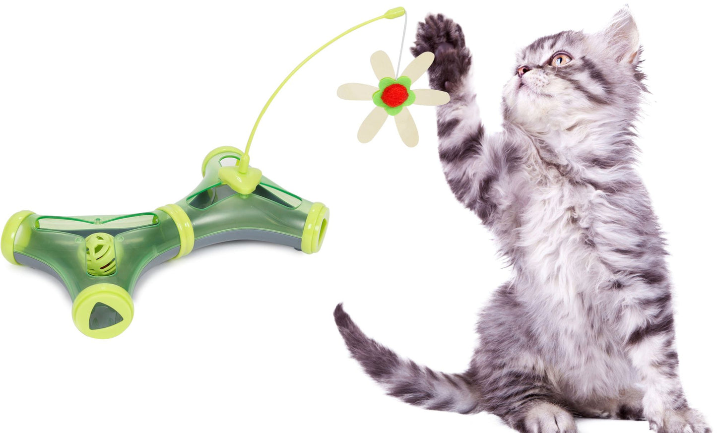 Gray tabby kitten playing with a green interactive cat toy tunnel featuring a dangling flower toy