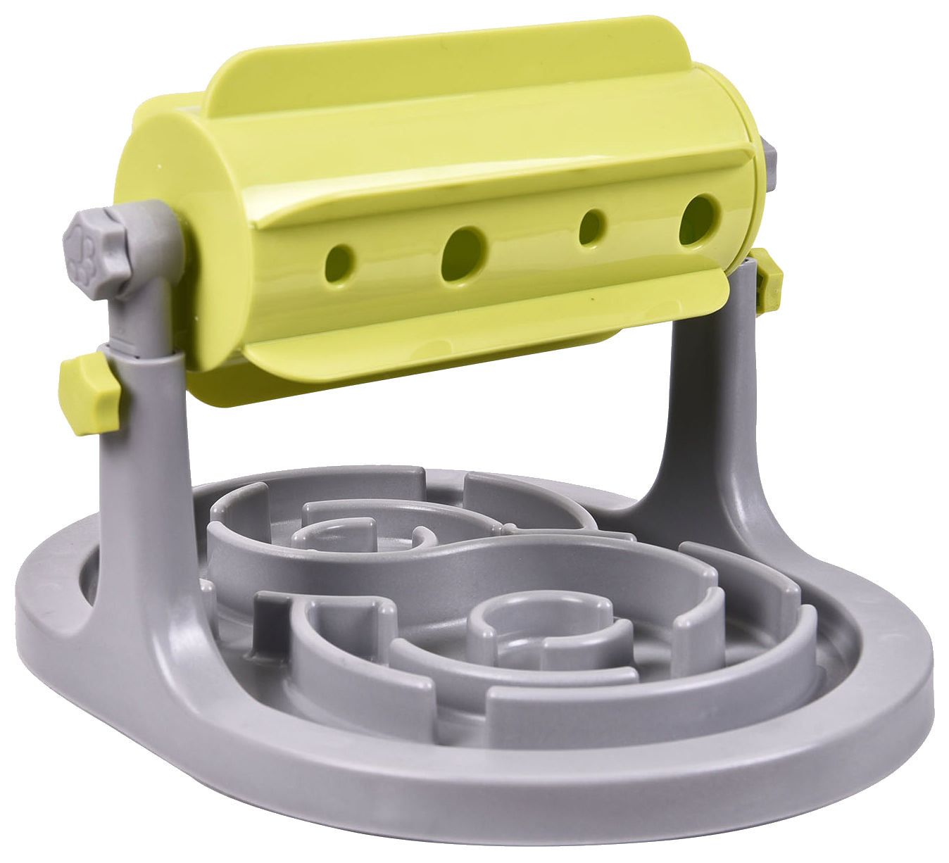Interactive dog puzzle feeder with green rotating cylinder and gray maze base for slow feeding