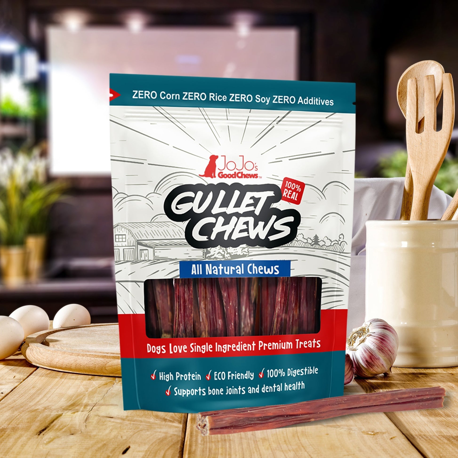 JoJo's Good Chews All Natural Beef Gullet Sticks for Dogs, high protein and eco-friendly treats
